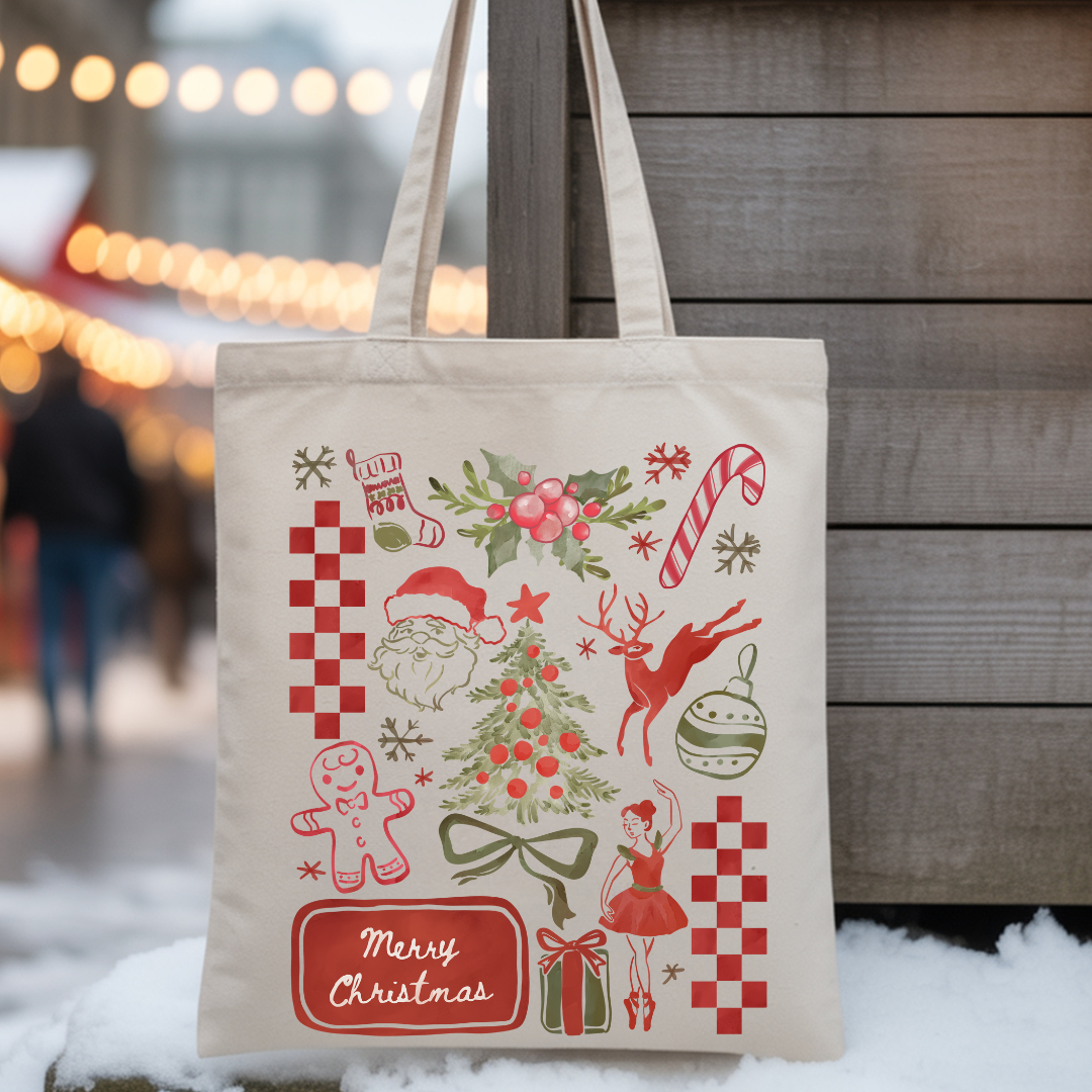 Christmas Collage Tote Bag — Merry Modern Holiday Canvas Tote